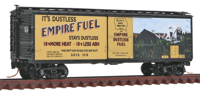 40' Double-Sheathed Wood Boxcar w/Vertical Brake Wheel - Ready to Run -- Empire Fuel GRYX #1018 (yellow, black, Add-On Coal Hatches, Special Graphics