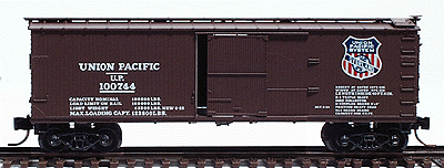 40' Double-Sheathed Single-Door Wood Boxcar w/Vertical Brake Wheel -- Union Pacific #100744 w/"Overland Route" Shield in red, white & blue