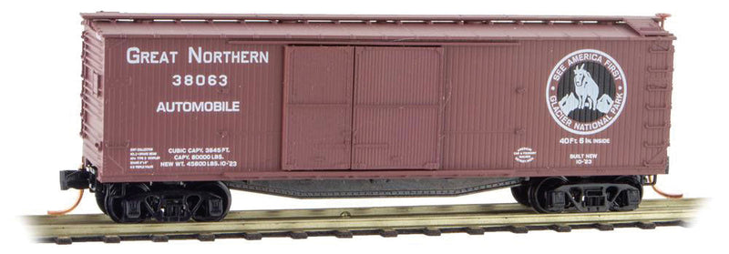 40' Double-Sheathed 1-1/2 Door Wood Boxcar w/Vertical Brake Wheel Ready to Run -- Great Northern #38063 (Boxcar Red, white, See America First Logo)