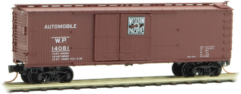 40' Double-Sheathed 1-1/2-Door Wood Boxcar, Vertical Brake Wheel Ready to Ru -- Westen Pacific 14081 (Boxcar Red, Feather River Logo)