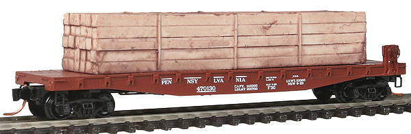 50' Fishbelly-Side Flatcar w/Side-Mount Brake Wheel - Ready to Run -- With Lumber Load, Pennsylvania Railroad #254266 (Boxcar Red)