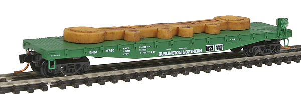 50' Fishbelly-Side Flatcar w/Side-Mount Brake Wheel - Ready to Run -- With Construction Chassis Load, Burlington Northern #612750 (Cascade Green)