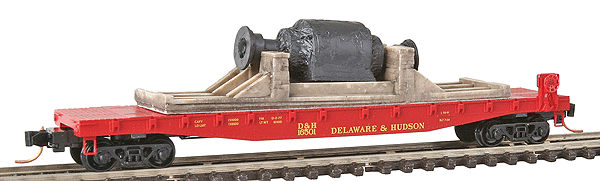 50' Flatcar w/Fishbelly Sides & Side Mount Brake Wheel - Ready to Run -- With Covered Turbine Load Delaware & Hudson #16501 (red)