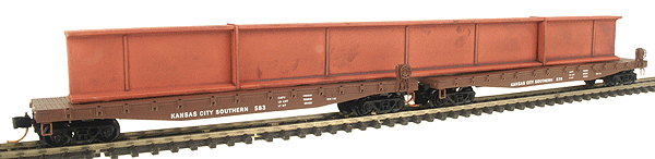 50' Fishbelly Flatcars (2) w/Large Steel Beam Load -- Kansas City Southern #575 & #583 (Boxcar Red, white)