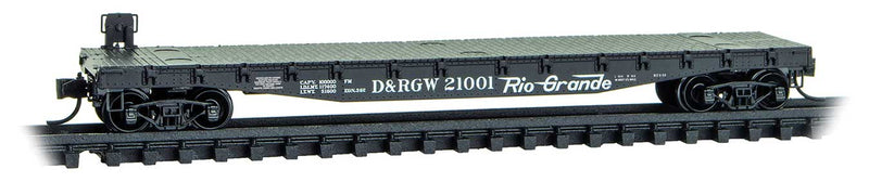 50' Fishbelly-Side Flatcar with Side-Mount Brake Wheel - Ready to Run -- Denver & Rio Grande Western #21001 (black, white, Flying Grande)