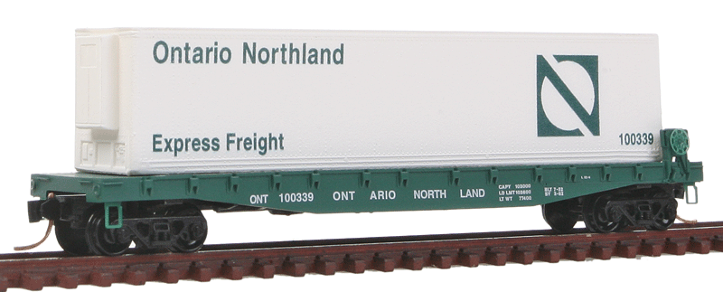 50' Fishbelly-Side Flatcar w/Side-Mount Brake Wheel - Ready to Run -- With Container Load, Ontario Northland ONT #100339 (green Car, white Contain