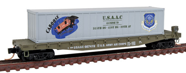 50' Steel Flatcar w/40' Container Load - Ready to Run -- USAAC #667437 (Caboose, #4 in WWII Nose Art Series)