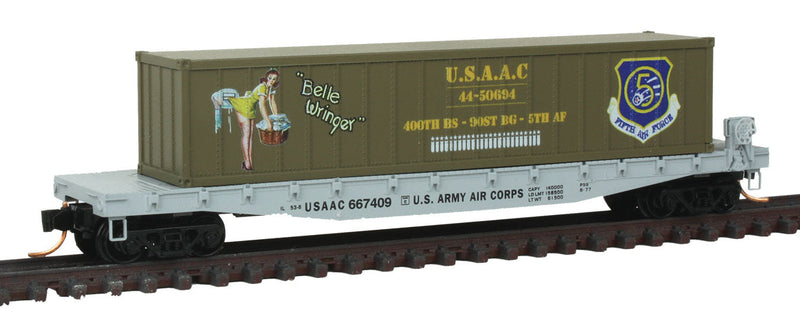 50' Steel Flatcar w/40' Container Load - Ready to Run -- USAAC #667409 (Belle Wringer, #5 in WWII Nose Art Series)