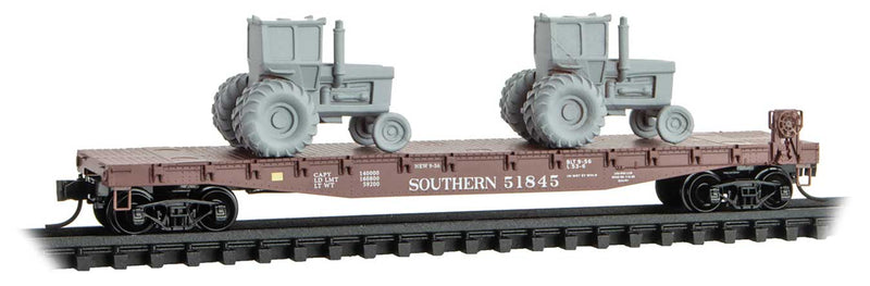 50' Fishbelly-Side Flatcar w/Side-Mount Brake Wheel - Ready to Run -- Southern Railway #51845 (Boxcar Red, Tractor Load)