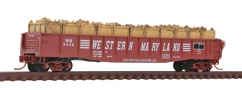 50' Gondola w/Fishbelly Sides & Drop-Ends & LCL Coke Containers - Ready to Run -- Western Maryland #5446 (Boxcar Red, white; Speed Lettering)
