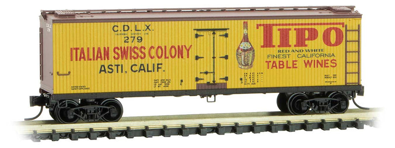 40' Double-Sheathed Wood Reefer - Ready to Run -- Tipo Table Wines CDLX 279 (yellow, red, Boxcar Red, Grape to Glass 7)