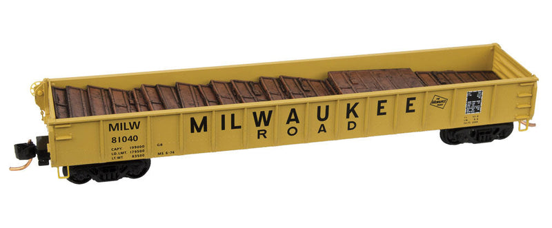 50' Gondola w/Straight Sides, Drop Ends & Boxcar Door Load - Ready to Run -- Milwaukee Road #81040 (yellow, black)
