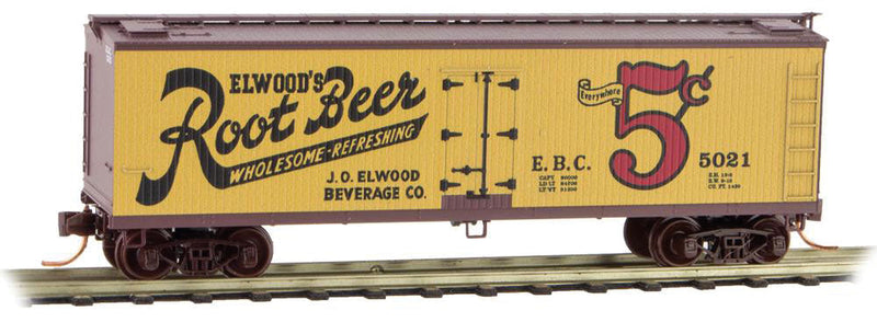 40' Double-Sheathed Wood Reefer w/Vertical Brake Wheel - Ready to Run -- Elwood Root Beer #5021 (yellow, black, red, Boxcar Red)
