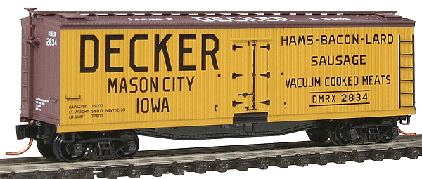 40' Double-Sheathed Wood Reefer w/Vertical Brake Wheel - Ready to Run -- Decker DMRX #2834 (yellow, Boxcar Red, black, Billboard Lettering, #9 in Ser