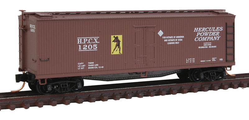 40' Double-Sheathed Wood Reefer w/Vertical Brake Wheel - Ready to Run -- Hercules Powder Company HPCX #1205 (Boxcar Red, yellow, white)