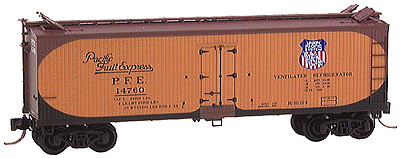 40' Double-Sheathed Wood Reefer w/Vertical Brake Wheel -- Pacific Fruit Express #14760 (orange side w/curved corner scheme of 1936)