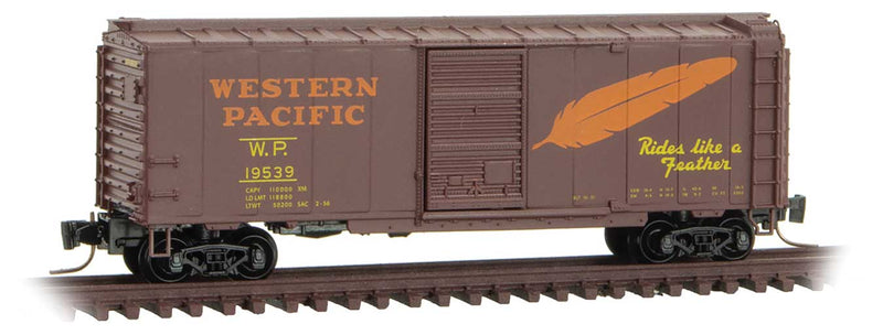 40' Single-Door Boxcar - Ready to Run -- Western Pacific #19539 (Boxcar Red, orange, Large Feather)