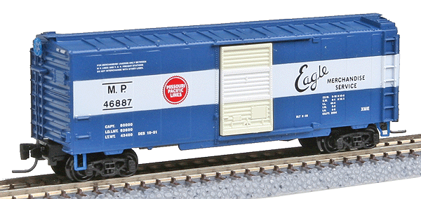 40' Single Door Bozxcar -- Missouri Pacific #46887 Blue/Yellow w/White Band, Red Logo,Blk/White Letteri