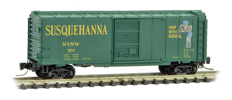 40' Single-Door Boxcar - Ready to Run -- New York, Susquehanna & Western #501 (green, yellow, Susie Q Logo)