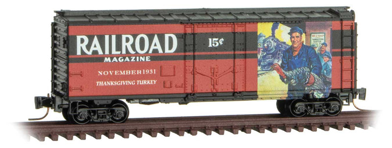 40' Plug-Door Boxcar - Ready to Run -- Railroad Magazine, November 1931 Thanksgiving Turkey Raffle (red, black; Yea