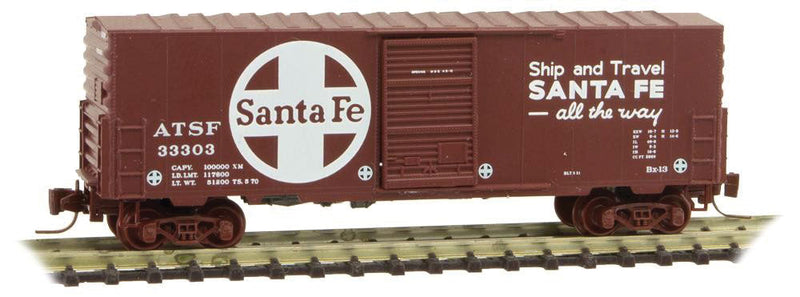 40' Single-Door Boxcar No Roofwalk - Ready to Run -- Santa Fe #33303 (Boxcar Red, white, Large Logo, Ship & Travel Slogan)