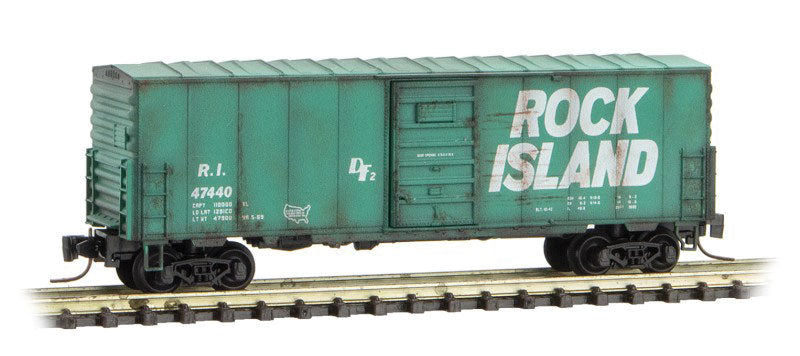 40' Single-Door Boxcar No Roofwalk - Ready to Run -- Rock Island 47440 (Weathered, green, Billboard Lettering)