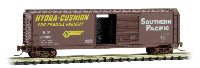 50' Single-Door Boxcar with Tractor Tire Load - Ready to Run -- Southern Pacific 651556 (Boxcar Red, yellow, white, Hydra Cushion Markings)