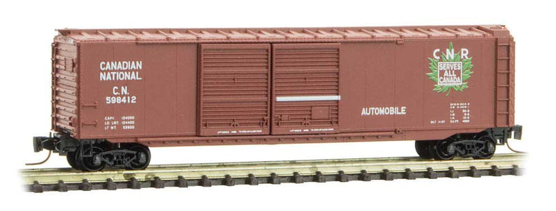50' Double-Door Boxcar - Ready to Run -- Canadian National 598412 (Boxcar Red, green CNR Leaf Logo)