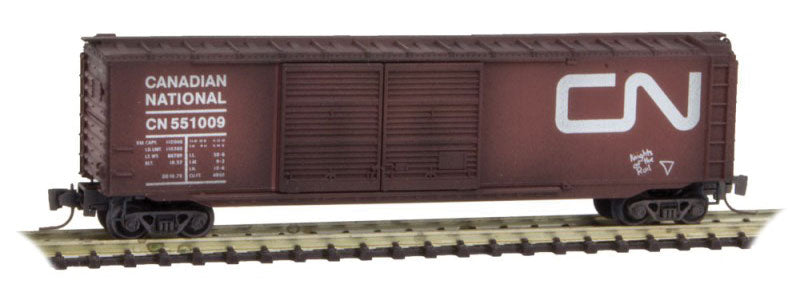 50' Double-Door Boxcar - Ready to Run -- Canadian National (Weathered, Boxcar Red, Noodle Logo, Hobo Graffiti)
