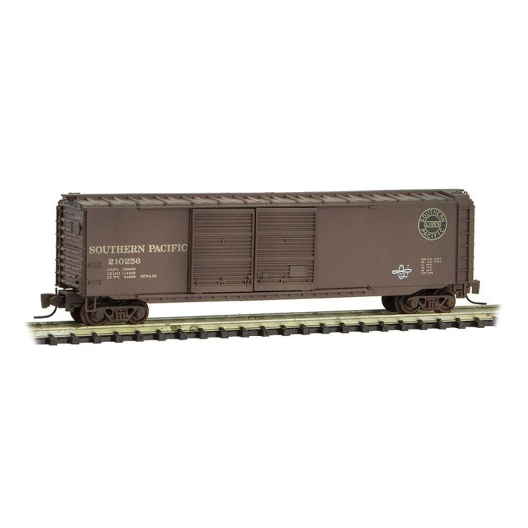 50' Double-Door Boxcar - Ready to Run -- Southern Pacific #210256 (Weathered, Boxcar Red, black Lines Logo, Graffiti)