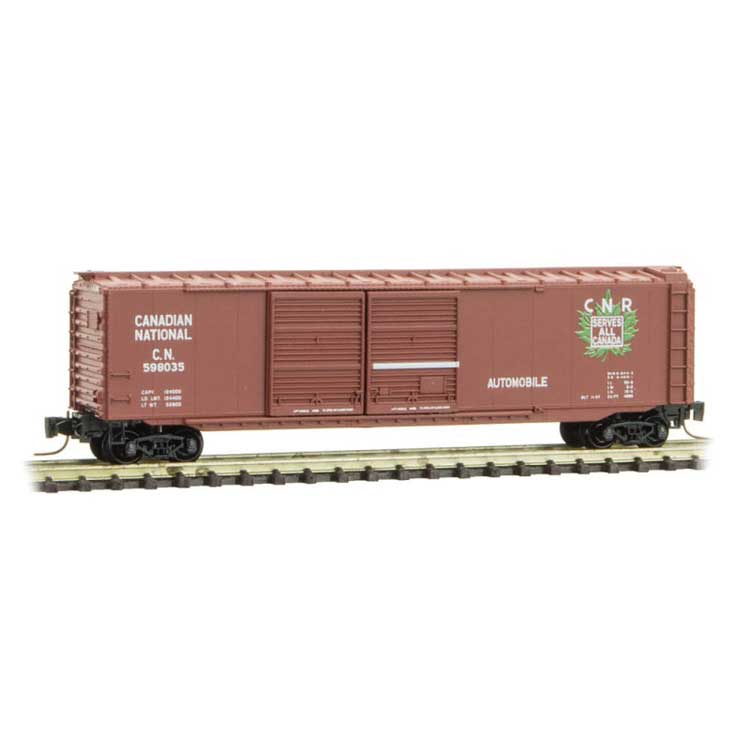 50' Double-Door Boxcar - Ready to Run -- Canadian National 598035 (Weathered, Boxcar Red, green, CNR Leaf Logo)