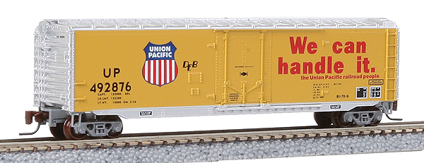 50' Standard Plug Door Boxcar Assembled -- Union Pacific #492876 (Armour Yellow, aluminum Roof & Ends)