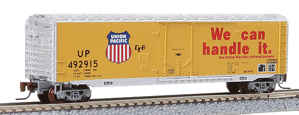 50' Standard Plug Door Boxcar Assembled -- Union Pacific #492915 (Armour Yellow, aluminum Roof & Ends)