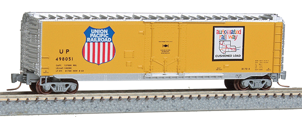 50' Plug-Door Boxcar - Ready to Run -- Union Pacific #498051 (Armour Yellow, gray, Automated Railway Logo)