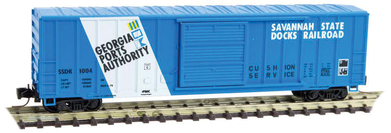 50' Rib-Side Single-Door Boxcar No Roofwalk - Ready to Run -- Savannah State Docks #1004 (blue, white, Per Diem Car Series #7)
