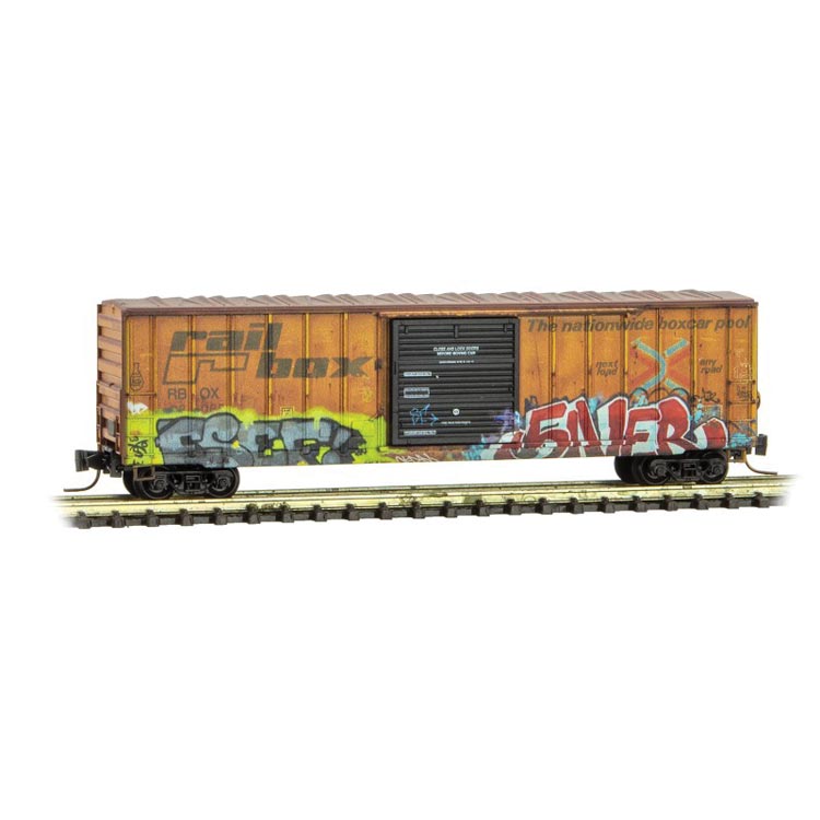 50' Rib-Side Single-Door Boxcar No Roofwalk - Ready to Run -- Railbox 38068 (Weathered, yellow, black, Slug Day Graffiti, Series Car 5)-1