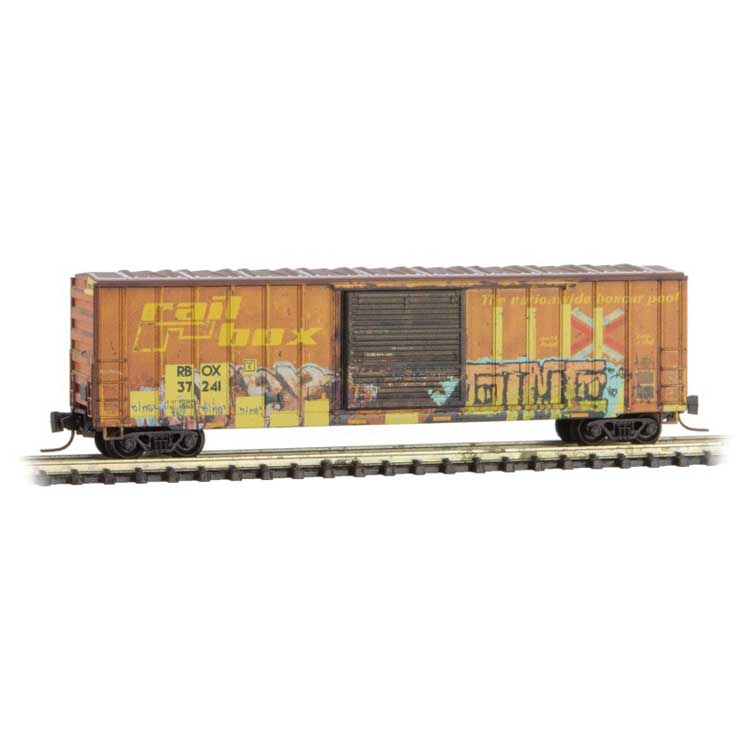 50' Rib-Side Single-Door Boxcar No Roofwalk - Ready to Run -- Railbox 37241 (Weathered, yellow, black, Graffiti, Series Car 6)-1