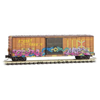 50' Rib-Side Single-Door Boxcar No Roofwalk - Ready to Run -- Railbox 37241 (Weathered, yellow, black, Graffiti, Series Car 6)