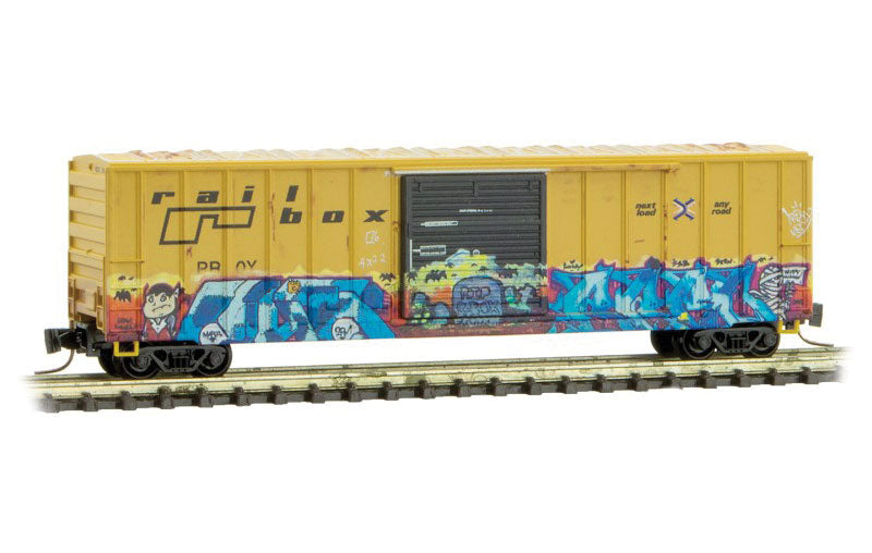 50' Rib-Side Single-Door Boxcar No Roofwalk - Ready to Run -- Railbox 38461 (Weathered, yellow, black, Garlic Day Graffiti, Series Car 4)
