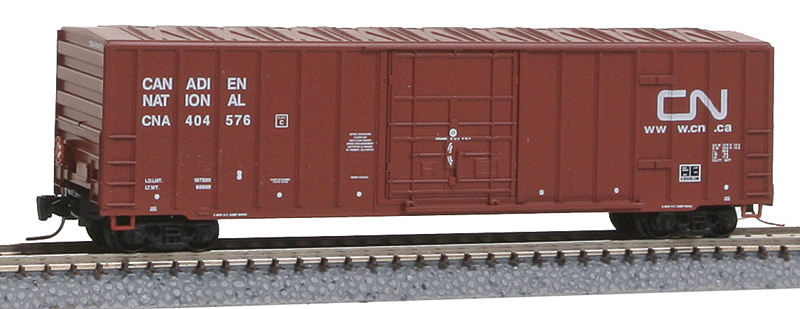 50' Rib-Side Plug-Door Boxcar, No Roofwalk - Ready to Run -- Canadian National #404576 (Boxcar Red, Website Noodle Logo)