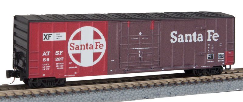 50' Rib-Side Plug-Door Boxcar, No Roofwalk - Ready to Run -- Santa Fe #56227 (Mismatched Repaint, red, Boxcar Red, Black, white, Large Lo