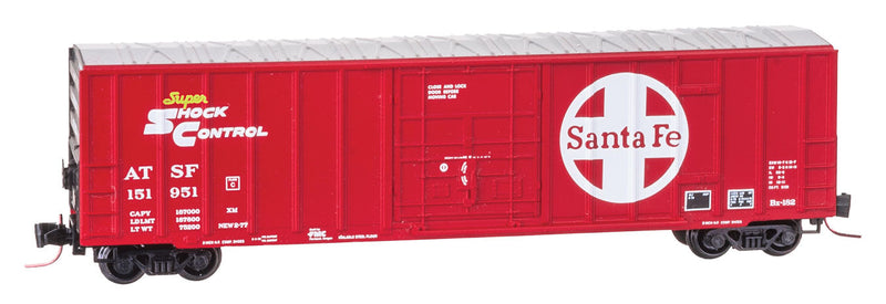 50' Rib-Side Plug-Door Boxcar, No Roofwalk - Ready to Run -- Santa Fe #151923 (red, black, white, Large Logo & Shock Control Markings)