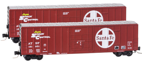 50' Rib-Side Plug-Door Boxcar, No Roofwalk - Ready to Run -- Santa Fe #151951 (red, black, white, Large Logo & Shock Control Markings)