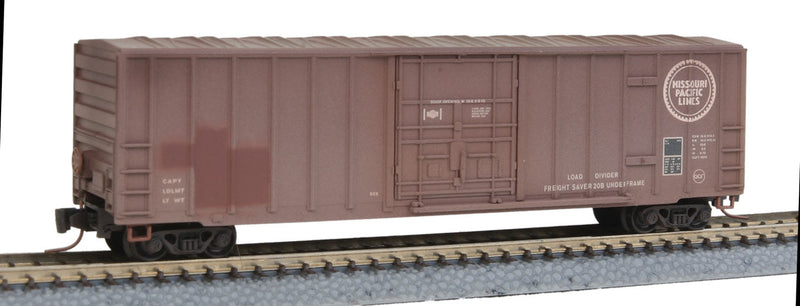 50' Rib-Side Plug-Door Boxcar No Roofwalk - Ready to Run -- Missouri Pacific #253668 (Weathered, Boxcar Red, Buzz Saw Logo)
