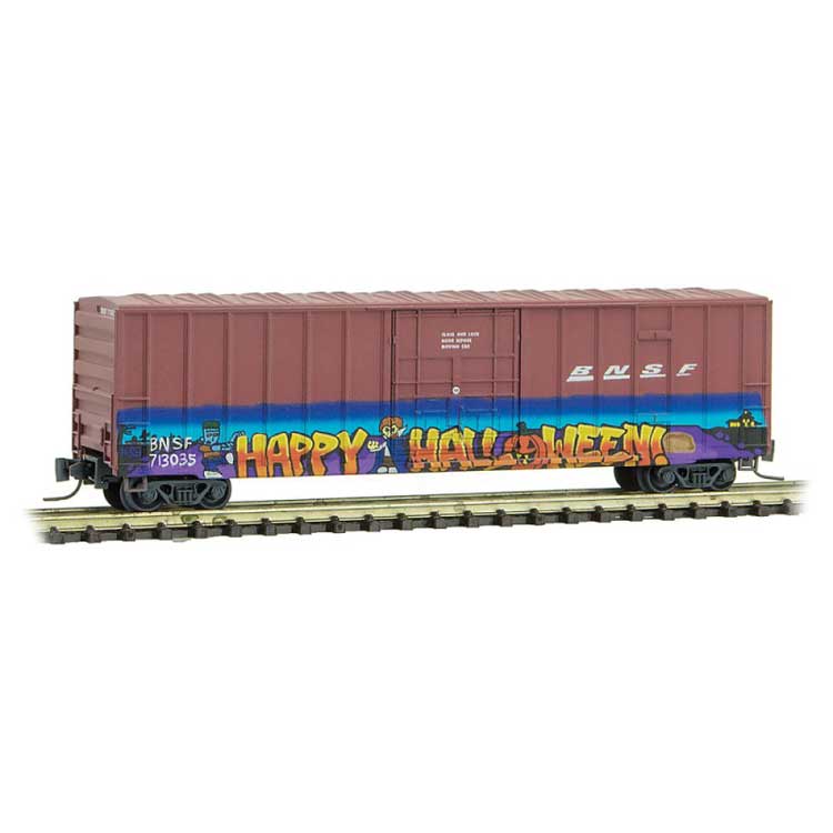 50' Rib-Side Plug-Door Boxcar, No Roofwalk - Ready to Run -- BNSF Railway 713035 (Weathered, Boxcar Red, Halloween Graffiti)-1