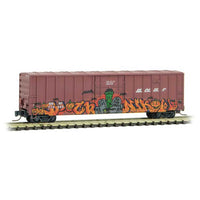 50' Rib-Side Plug-Door Boxcar, No Roofwalk - Ready to Run -- BNSF Railway 713035 (Weathered, Boxcar Red, Halloween Graffiti)