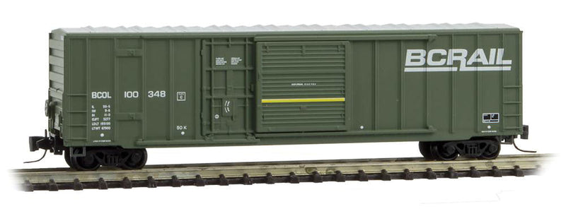 50' Rib-Side Plug & Sliding Door Boxcar No Roofwalk - Ready to Run -- BC Rail #100348 (green, white, yellow)