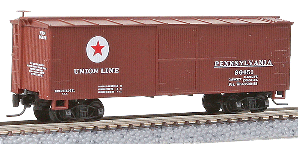 40' Double Sheathed Wood Boxcar Assembled -- Pennsylvania Railroad #96451 (brown, red and white Logo, white Lettering)