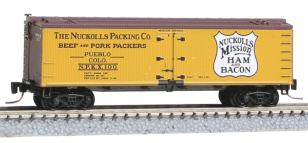 40' Wood-Sheathed Ice Reefer - Ready to Run -- Nuckolls Packing Co. NPKX #100 (yellow, Boxcar Red, blue, black, #12 in Seri