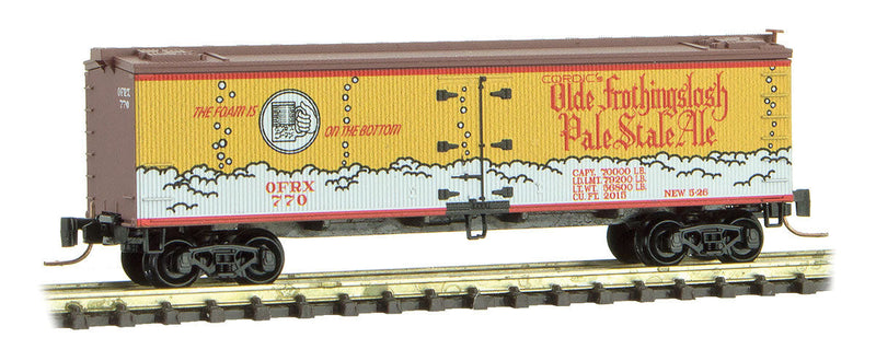 40' Wood-Sheathed Ice Reefer - Ready to Run -- Olde Frothingslosh Ale OFRX #770 (yellow, Boxcar Red, white, red)